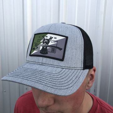 Richardson Heather Grey/Black Snapback Trucker Hat with Camo Dog Patch