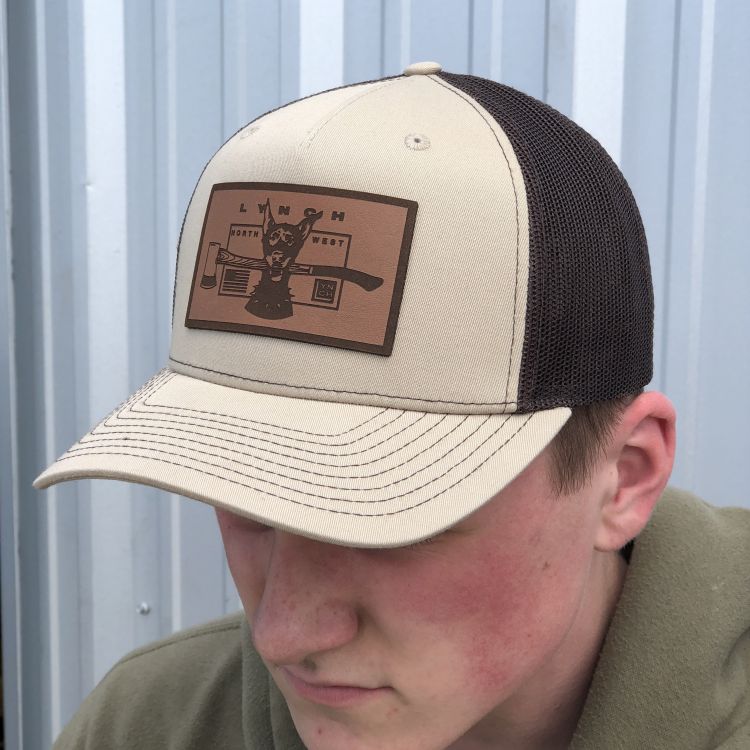 Richardson Khaki/Coffee Snapback Trucker Hat with Leather Dog Patch (112)