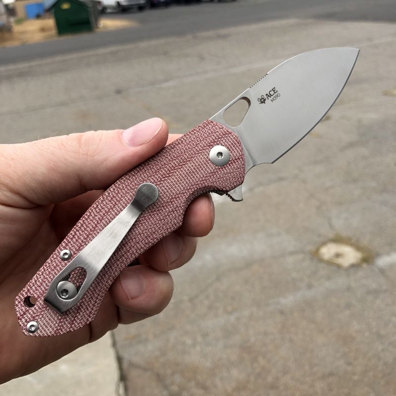 GiantMouse ACE Biblio Red Canvas Micarta Böhler M390 Satin Blade Folding Knife