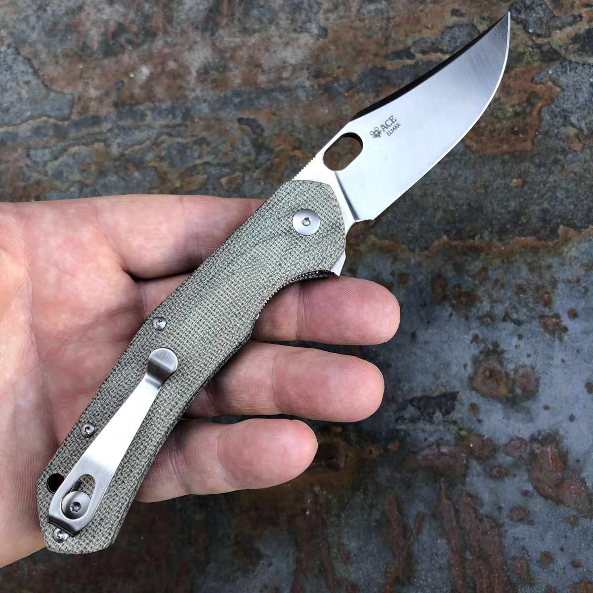 みいこ　ミルラタッチとクラリセージ GiantMouse ACE Jutland Green Canvas Micarta Elmax Satin Blade