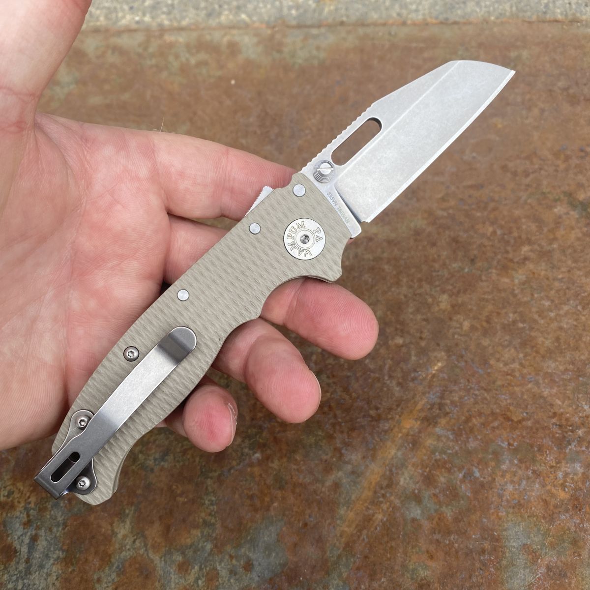DemkoAD205CoyoteTanG10ScalesStonewashedS35VSharksFootBladeDeepCarryTitaniumClipHeld_1200x1200 Demko AD20 Spearpoint BGM Regrind – Precision Engineering Redefined