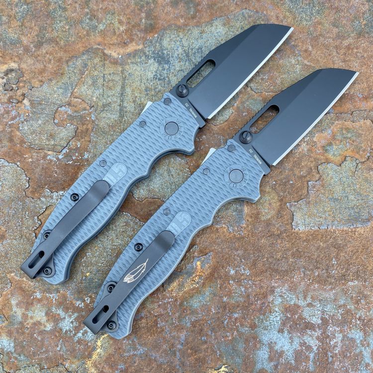 Demko AD20.5 Grey Grivory Scales Black DLC D2 Sharks Foot Blade Folding Knife