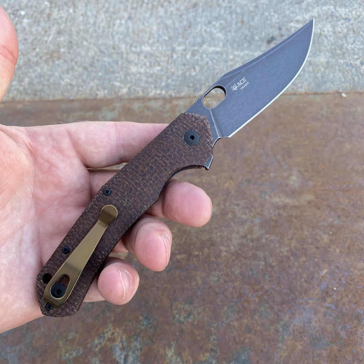 GiantMouse ACE Jutland Burlap Micarta Vanadis PVD Blade Titanium
