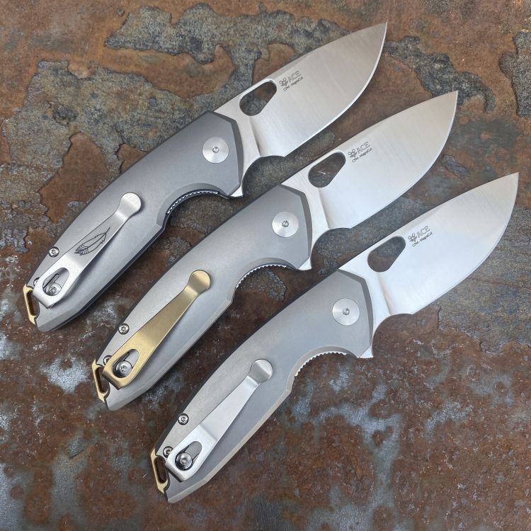 GiantMouse ACE Tribeca Titanium Brass Backspacer Satin Magnacut Folding Knife