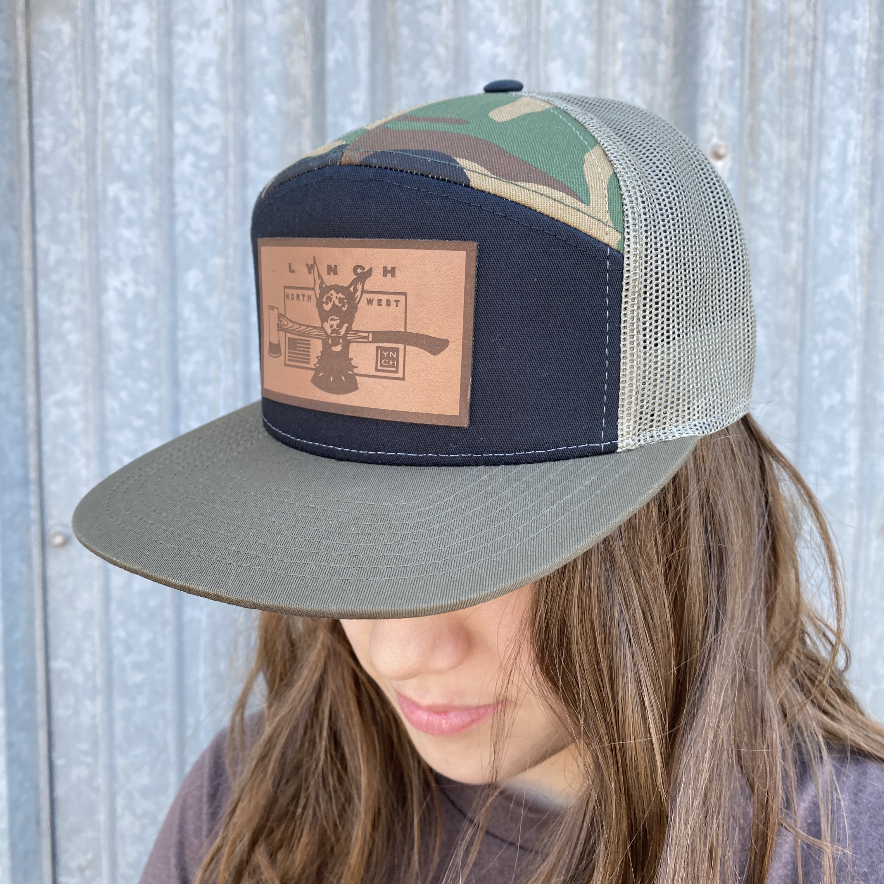 Richardson Seven-Panel Royal Black/Camo/Loden Trucker Cap with