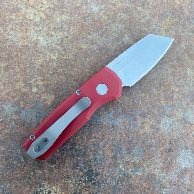 Pro-Tech Runt 5 Auto Red Aluminum Reverse Tanto Stone Magnacut Blade Folding Knife