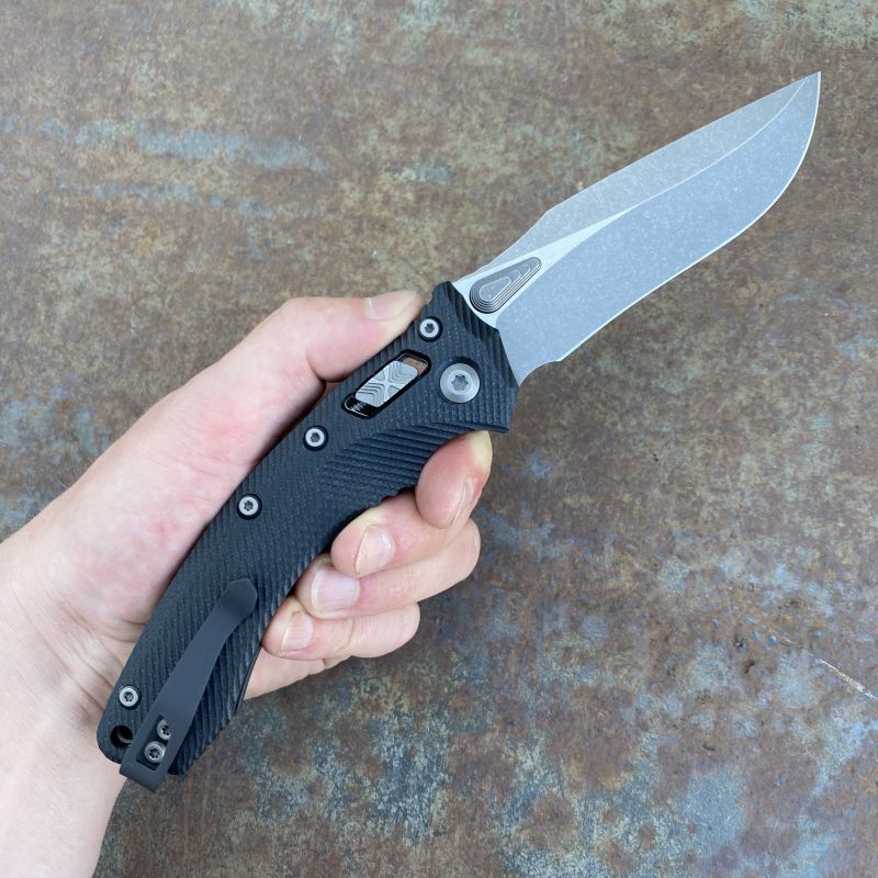 Microtech Amphibian Ram-Lok Fluted Black G10 Apocalyptic M390 Folding Knife