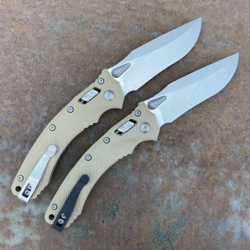Microtech Amphibian Ram-Lok Fluted Tan G10 Stonewashed M390 Folding Knife
