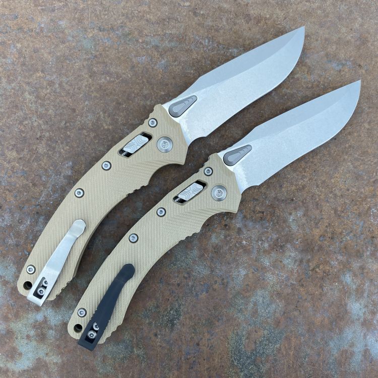 Microtech Amphibian Ram-Lok Fluted Tan G10 Stonewashed M390 Folding Knife
