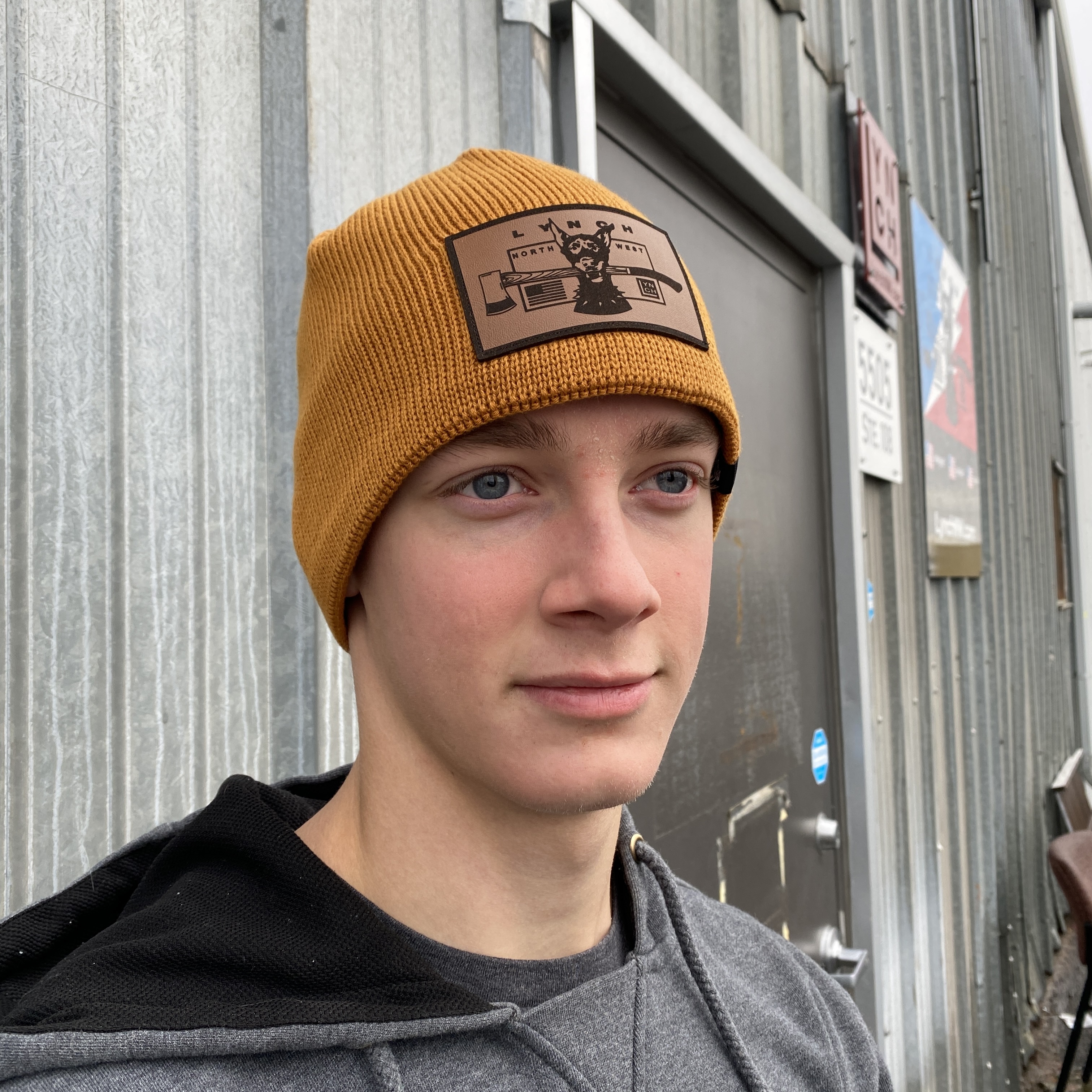 North Face Mountain Black Beanie Leather Dog Patch