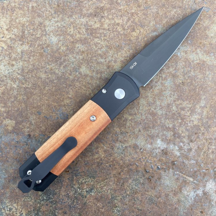 Pro-Tech Godson Black with Red Ironbark Eucalyptus Wood Inlay Black Blade Folding Knife