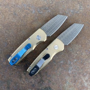 Pro-Tech BladeShow 2024 Runt 5 Auto Bronze Aluminum Starfire Damascus Blade Folding Knife