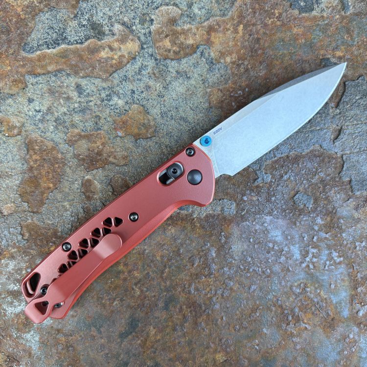 Benchmade Bugout MOD 2 Crimson Red Triangular Speed Hole Titanium Scales Stonewashed S30V MOD Knife