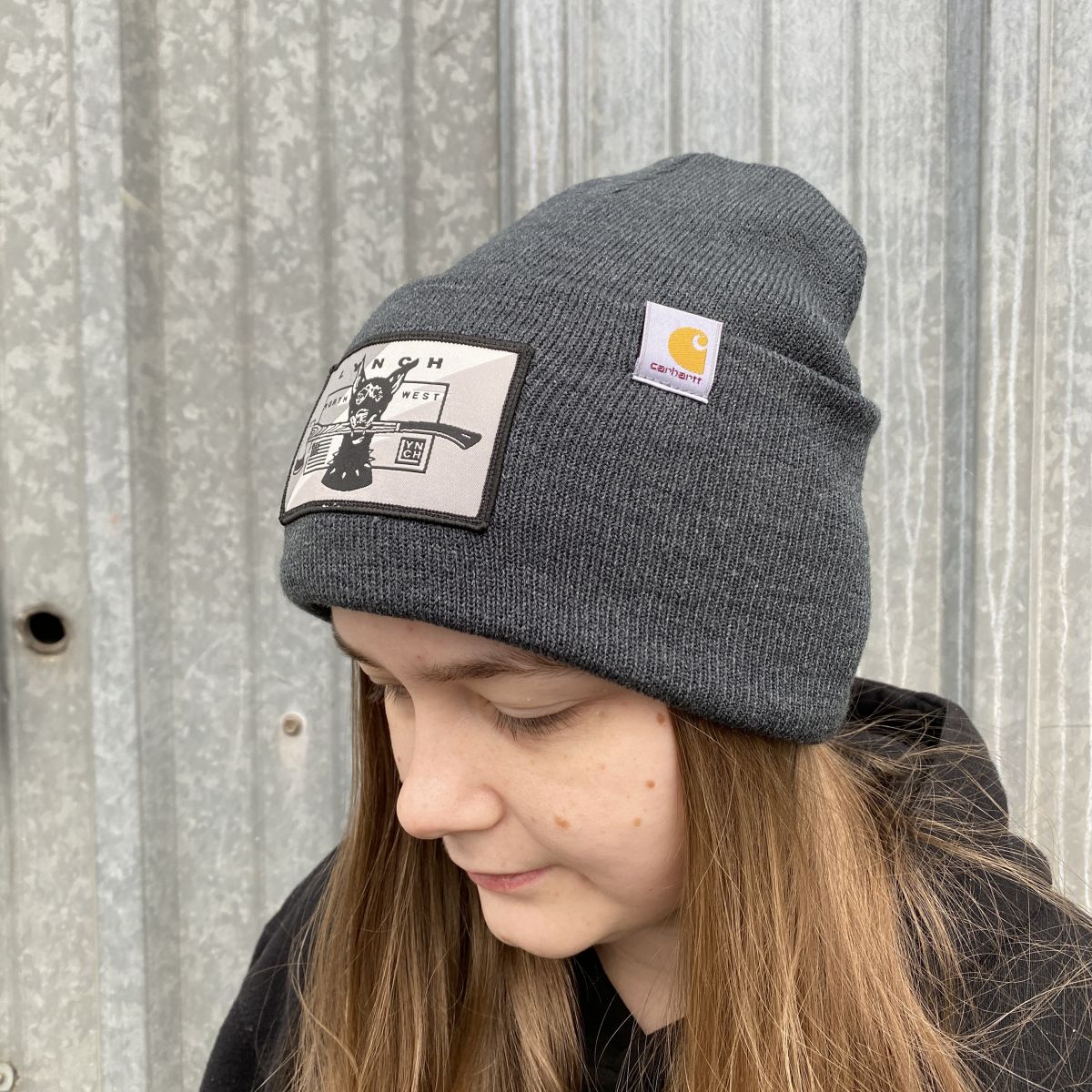 Carhartt Coal Heather Beanie Watch Cap Snow Camo Dog Patch