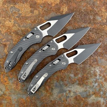 Microtech Stitch Ram-Lok Fluted Distressed Black Aluminum Apocalyptic M390 Folding Knife