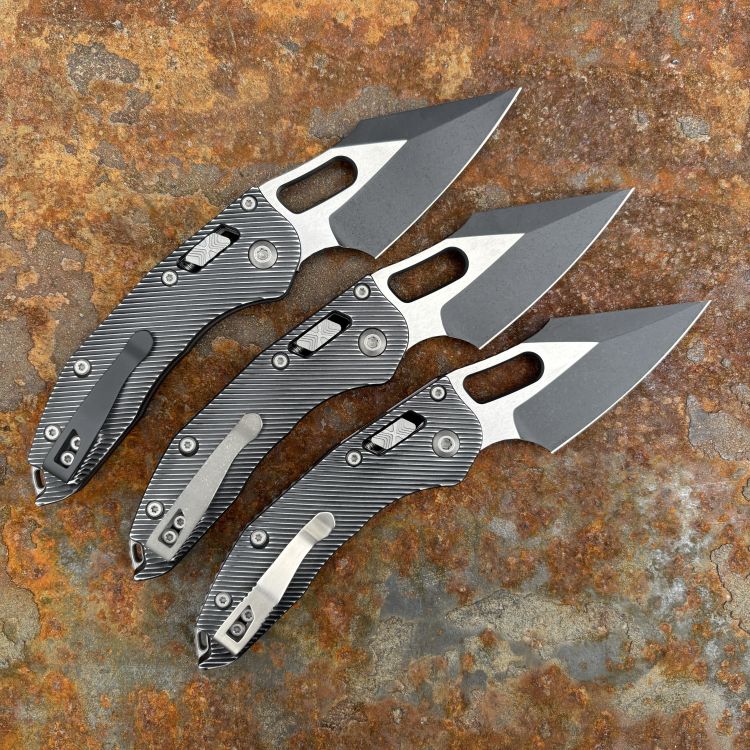 Microtech Stitch Ram-Lok Fluted Distressed Black Aluminum Apocalyptic M390 Folding Knife