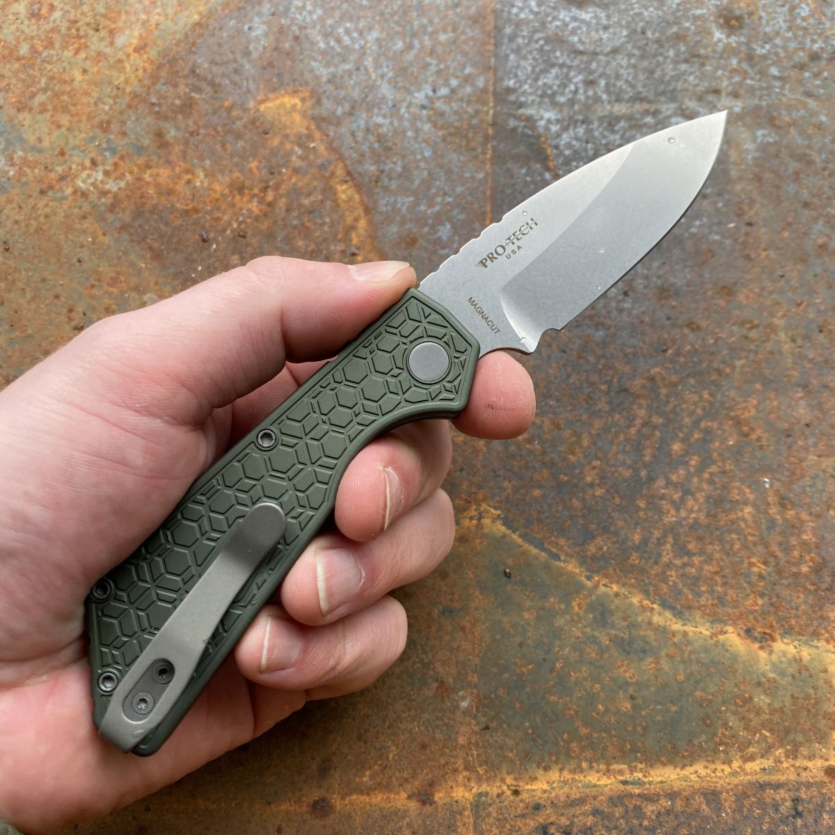 Pro-Tech Strider PT+ Auto Green Aluminum Gridlock Stonewash