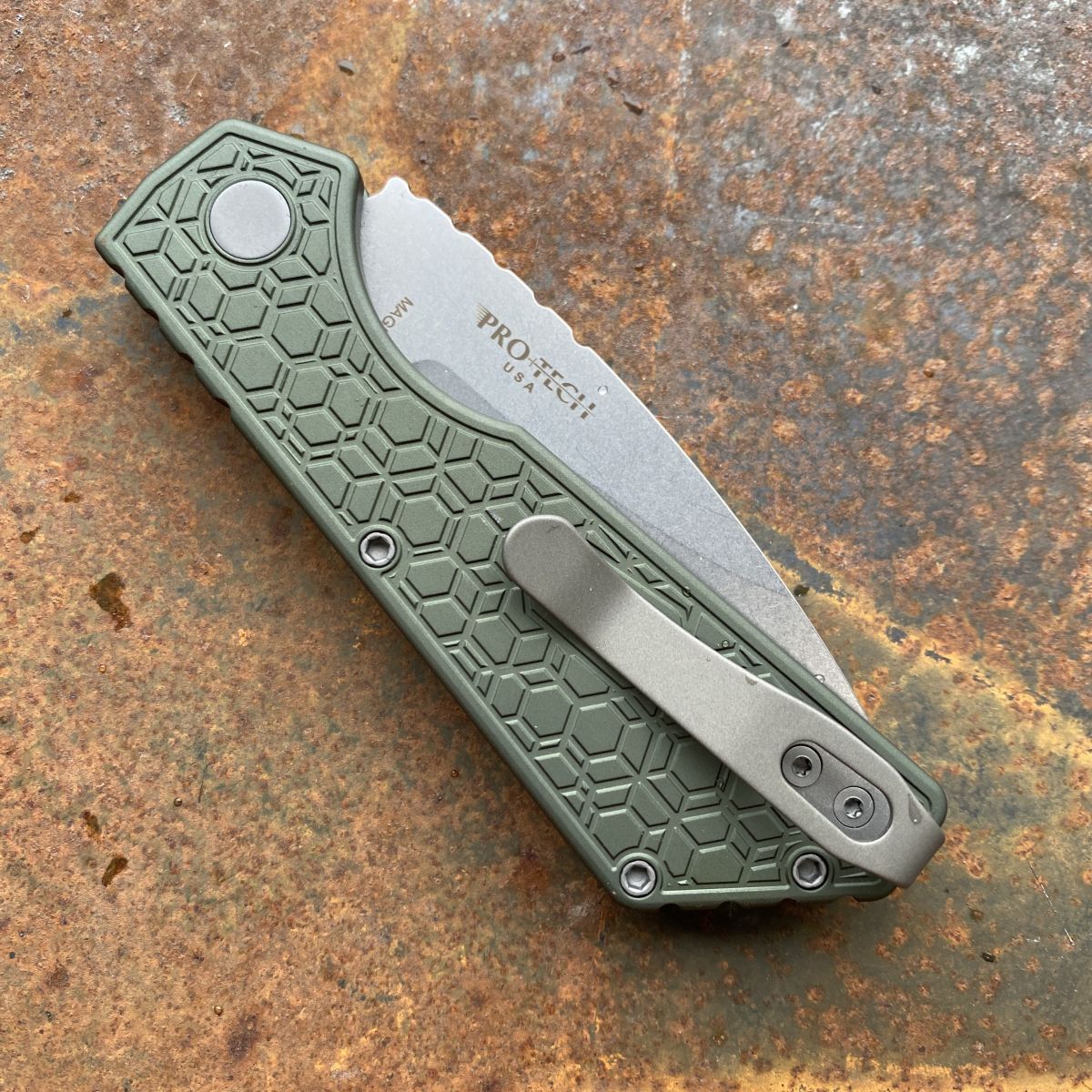 Pro-Tech Strider PT+ Auto Green Aluminum Gridlock Stonewash