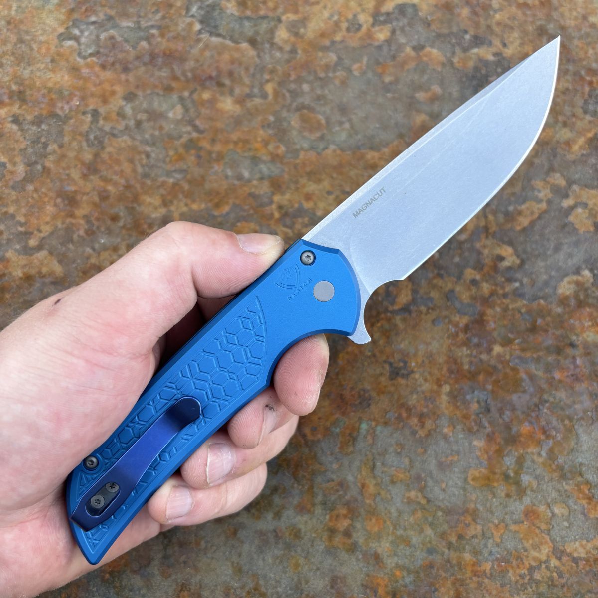 Pro-Tech Mordax Blue Gridlock Aluminum Stonewashed MagnaCut Blade