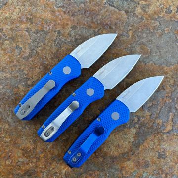 Pro-Tech Runt 5 Textured Blue Aluminum Stonewashed Wharncliffe MagnaCut Blade Folding Knife