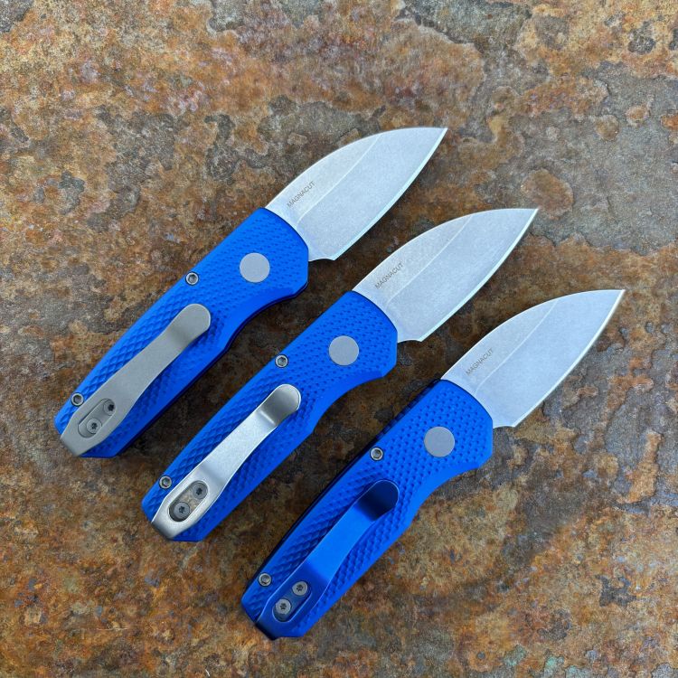 Pro-Tech Runt 5 Textured Blue Aluminum Stonewashed Wharncliffe MagnaCut Blade Folding Knife