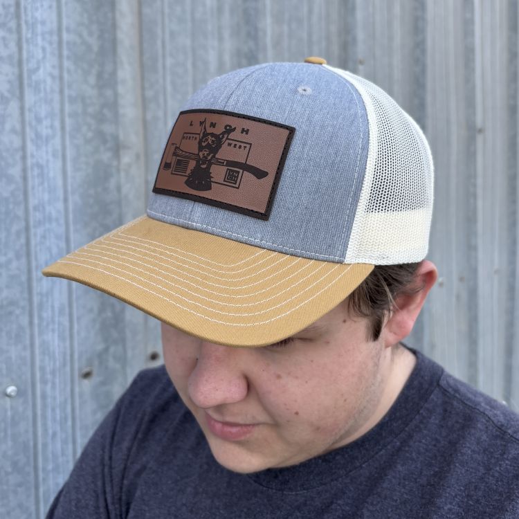Richardson Heather Grey/Birch/Amber Gold Snapback Trucker Hat with Leather Dog Patch (112)