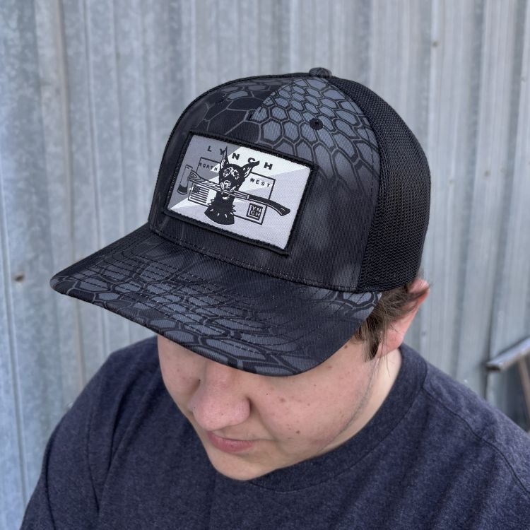 Richardson Kryptek Typhon/Black Snapback Trucker Hat Snow Camo Dog Patch (112PFP)