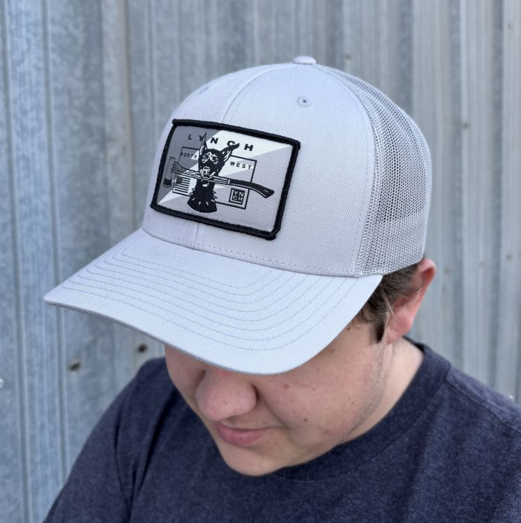 Richardson Light Grey Snapback Trucker Hat with Snow Camo Dog Patch (112)