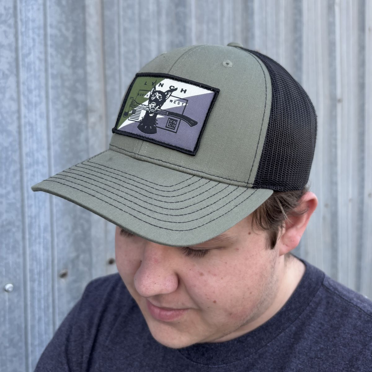 Richardson Loden/Black Snapback Trucker Cap with Camo Dog Patch (112)