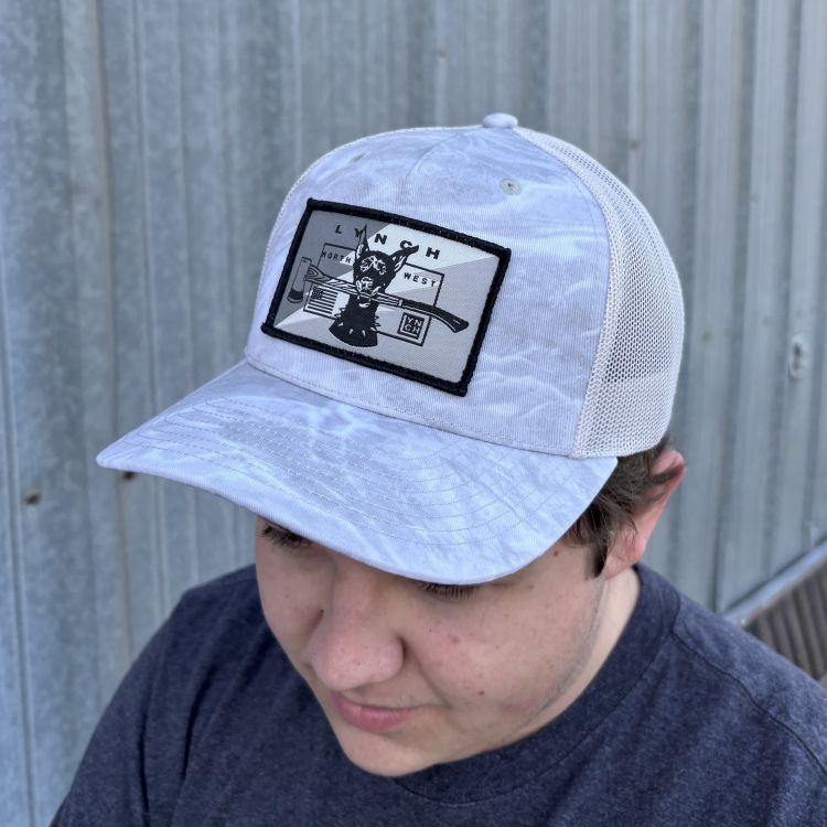 Richardson Mossy Oak Elements Bonefish/Light Grey Snapback Trucker Hat Snow Camo Dog Patch (112PFP)