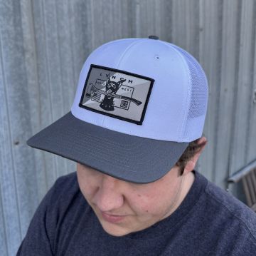 Richardson White/Charcoal Snapback Trucker Hat with Snow Camo Dog Patch (112)