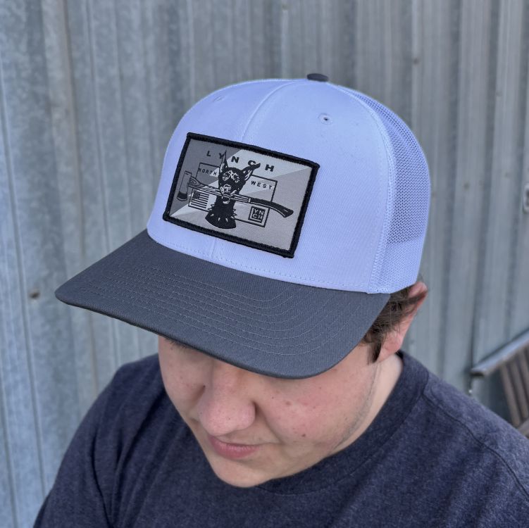 Richardson White/Charcoal Snapback Trucker Hat with Snow Camo Dog Patch (112)