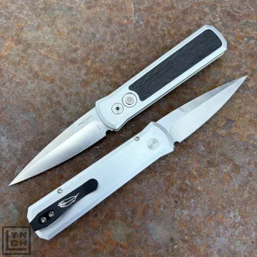 Pro-Tech Godson Auto Silver Aluminum Crosscut Carbon Fiber Inlay Satin CPM 20CV Blade Folding Knife