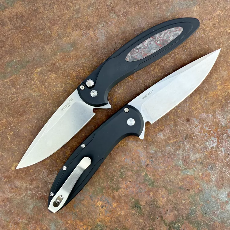 Pro-Tech Cambria 2 Black Aluminum TechnoCarbo Red Inlay Stonewash MagnaCut Blade Folding Knife