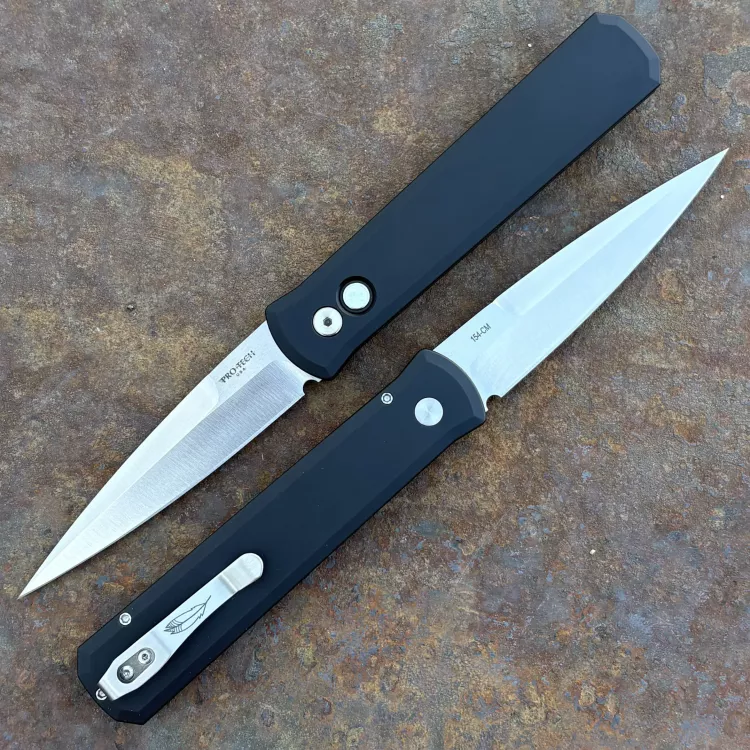 Pro-Tech Godfather Auto Black Aluminum 2-Tone Satin 154CM Blade Mother of Pearl Button Folding Knife
