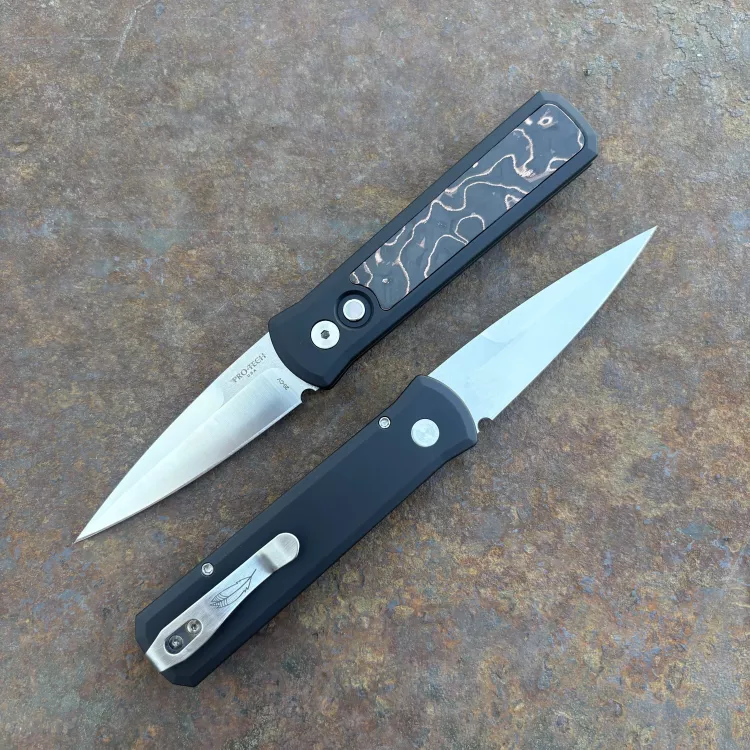 Pro-Tech Godson Auto Black Aluminum Copper Carbon Fiber Inlay Satin CPM 20CV Blade Folding Knife