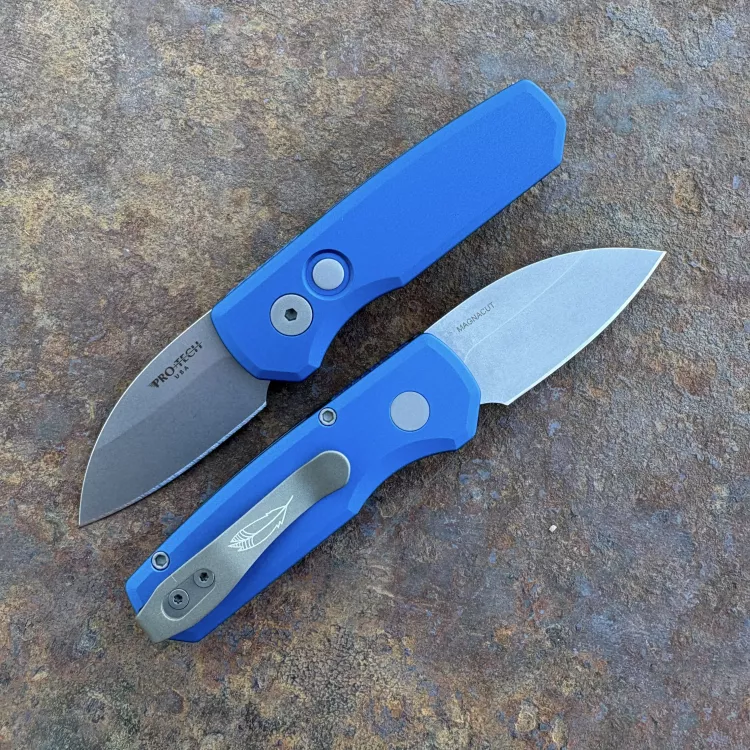 Pro-Tech Runt 5 Blue Aluminum Stonewashed Wharncliffe MagnaCut Blade Folding Knife