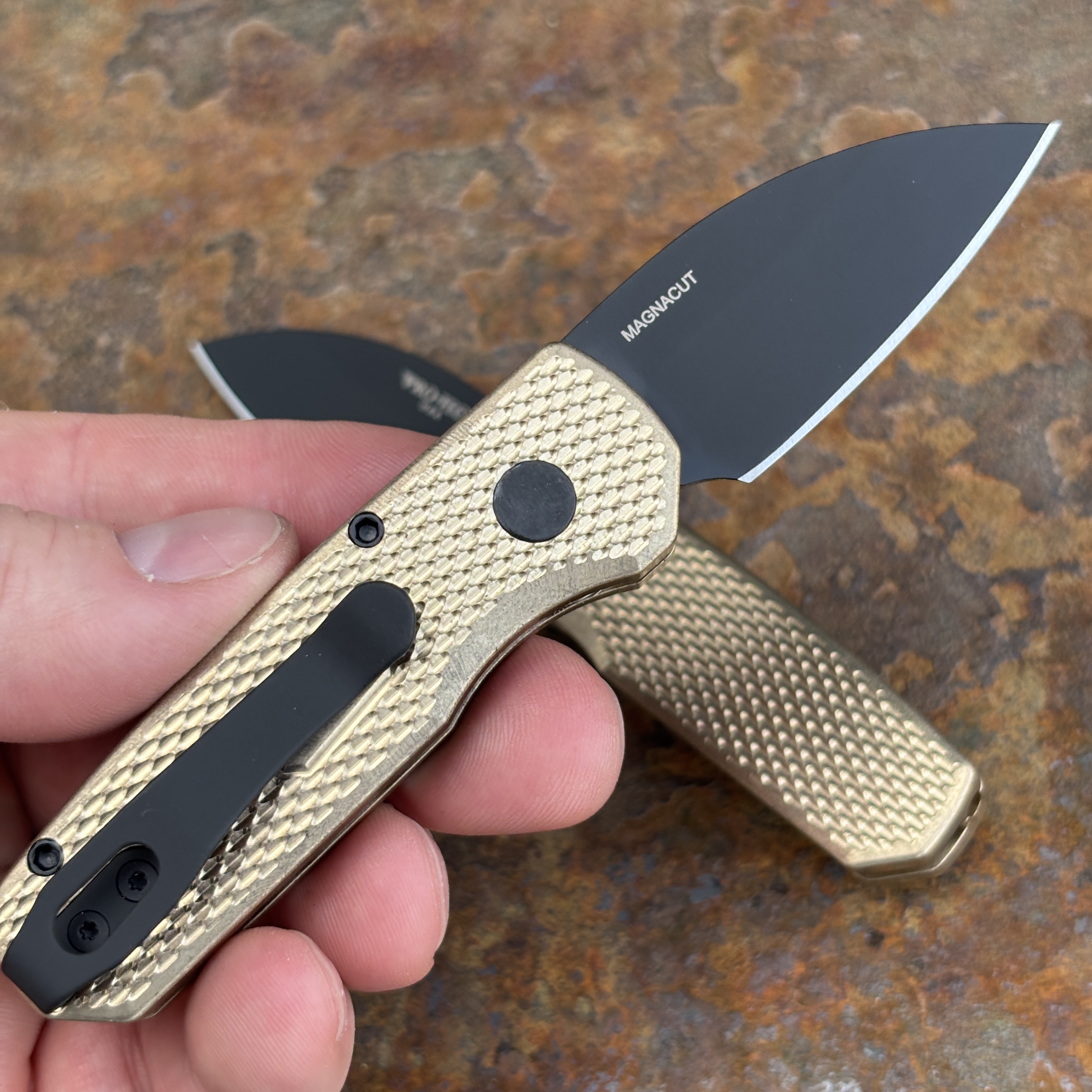 Pro-Tech Runt 5 Textured Bronze Aluminum Black DLC MagnaCut Blade