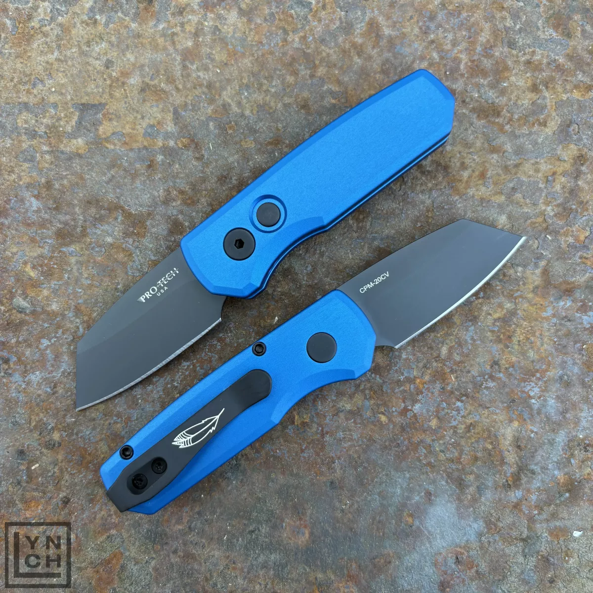 Pro-Tech Runt 5 Auto Blue Aluminum Black DLC Reverse Tanto CPM