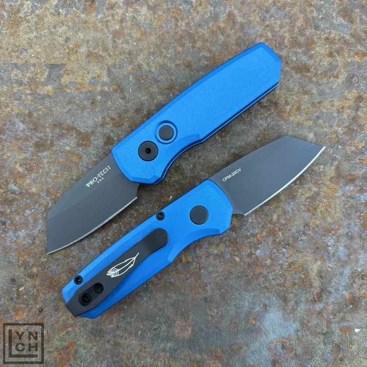 Pro-Tech Runt 5 Auto Blue Aluminum Black DLC Reverse Tanto CPM 20CV Blade Folding Knife
