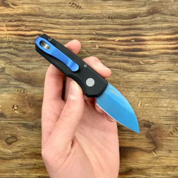 Pro-Tech Runt 5 Auto Black Aluminum Denim Blue Wharncliffe CPM MagnaCut Blade Folding Knife