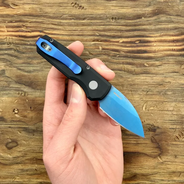 Pro-Tech Runt 5 Auto Black Aluminum Denim Blue Wharncliffe CPM MagnaCut Blade Folding Knife