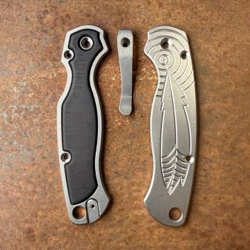 Spyderco PM2 Black Micarta Inlay Stonewashed "Feather" Titanium Scale Kit