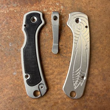 Spyderco Para 3 Black Micarta Inlay "Feather" Stonewashed Titanium Scale Kit