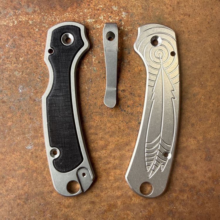 Spyderco Para 3 Black Micarta Inlay "Feather" Stonewashed Titanium Scale Kit