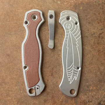 Spyderco PM2 Brown Micarta Inlay Stonewashed "Feather" Titanium Scale Kit