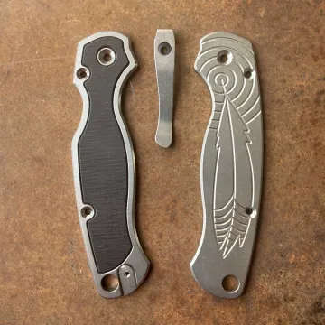 Spyderco PM2 Black Micarta Inlay Stonewashed "Feather" Titanium Scale Kit