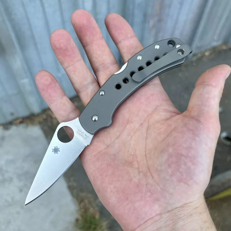 Spyderco Delica 4 MOD 2 LEFT Handed Sandwashed Titanium Scales Back-Spacer Clip Satin S27 MOD Knife
