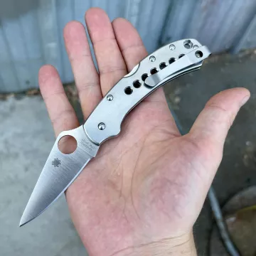 Spyderco Delica 4 MOD 2 LEFT Hand Stonewashed Titanium Scales Back-Spacer Clip Satin S27 MOD Knife