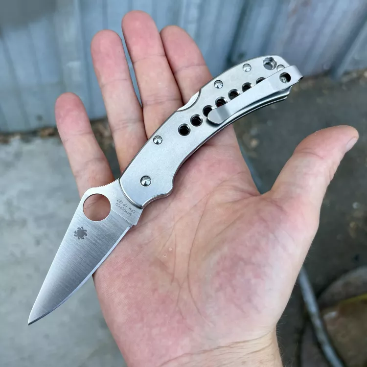 Spyderco Delica 4 MOD 2 LEFT Hand Stonewashed Titanium Scales Back-Spacer Clip Satin S27 MOD Knife